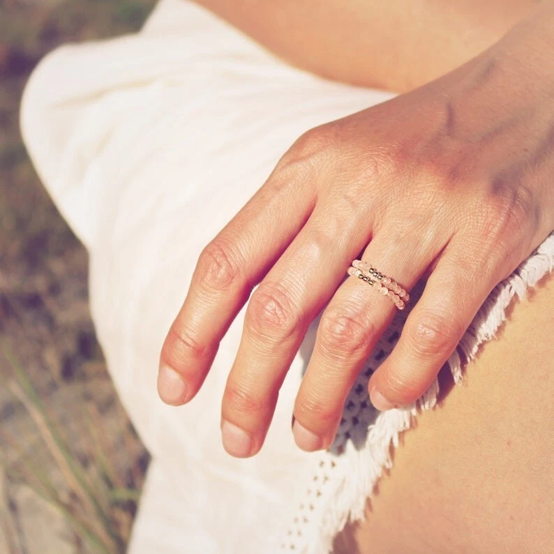Dainty Sunstone Faceted Round Gemstone Beaded Stretchable Rings For Girls Women - Image 2 of 4