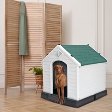 28'' Dog House with Green Roof Elevated Floor and Air Vents Outdoor Pet Shelter