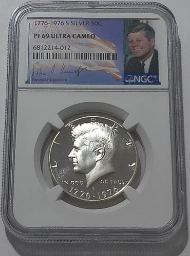 1776 - 1976 S NGC PF69 Ultra Cameo Proof Silver Kennedy Half JFK Coin Signature