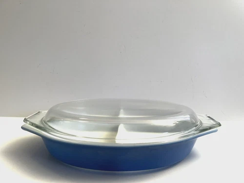 Vintage Pyrex Horizon Blue 1.5qt Divided Casserole w/Clear Pyrex Lid