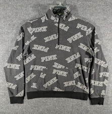 PINK Victoria's Secret Sweatshirt Womens Medium Gray Spellout Logo 1/4 Zip AOP