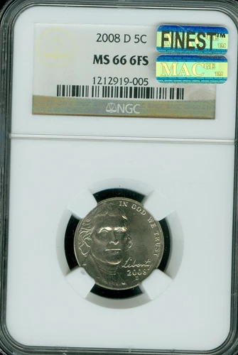 2008 D JEFFERSON NICKEL NGC MS66 FS MAC FINEST BUSINESS STRIKE & SPOTLESS POP 10
