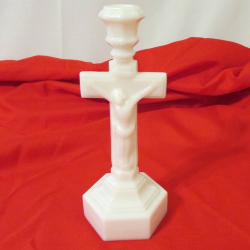 Vintage White Milk Glass Crucifix Candlestick Candle Taper Holder