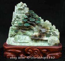 11.6" Old Chinese Natural Dushan Jade Carving Pine Tree Mountain House Sculpture