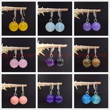 Handmade Natural 8/10/12mm Multicolor Round Gems Silver Hook Dangle Earrings