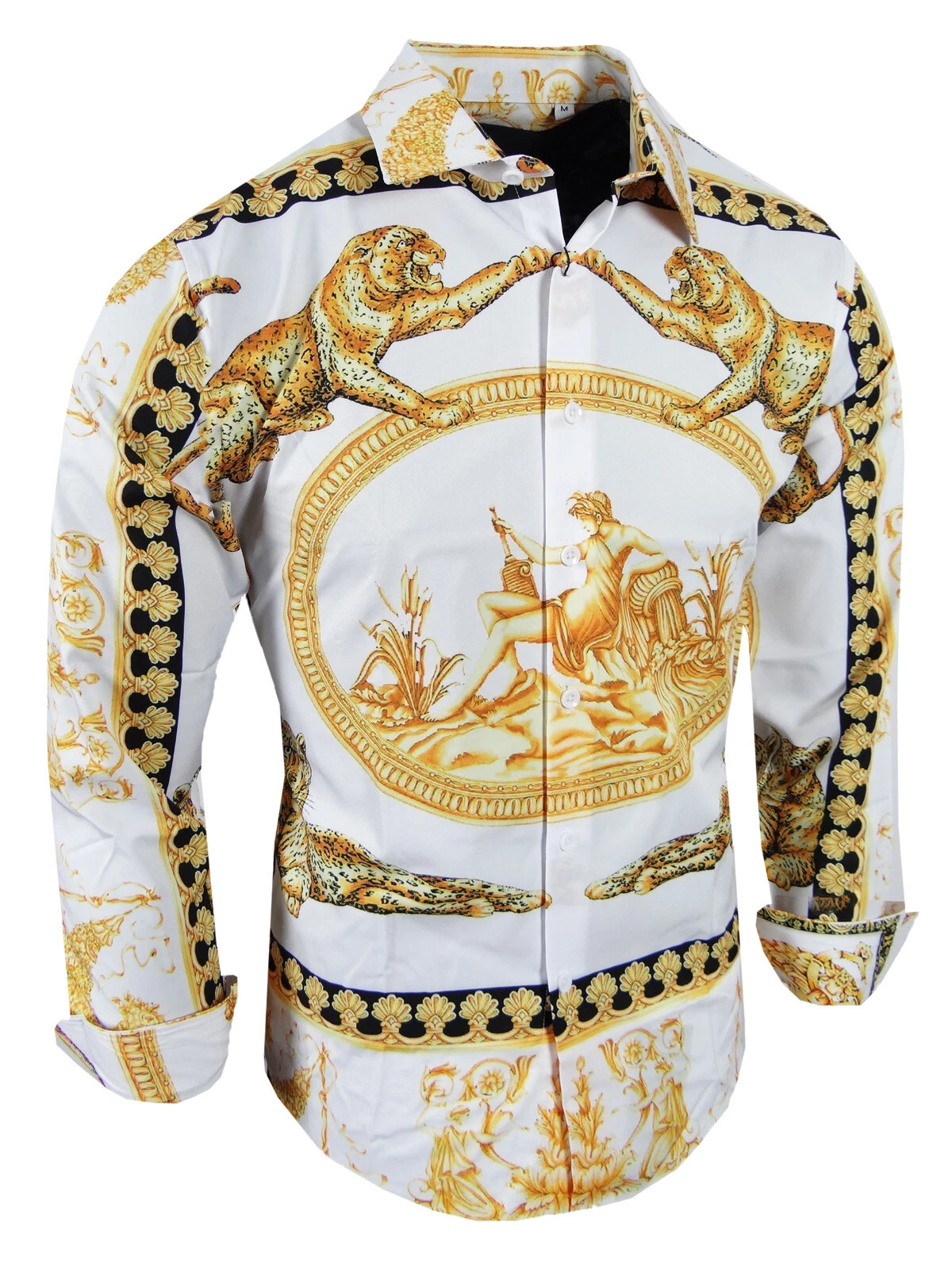 Designer Italian Mens Shirt Floral Gold Leaf Animal Print Button Silky Stretch
Opens in a new window
