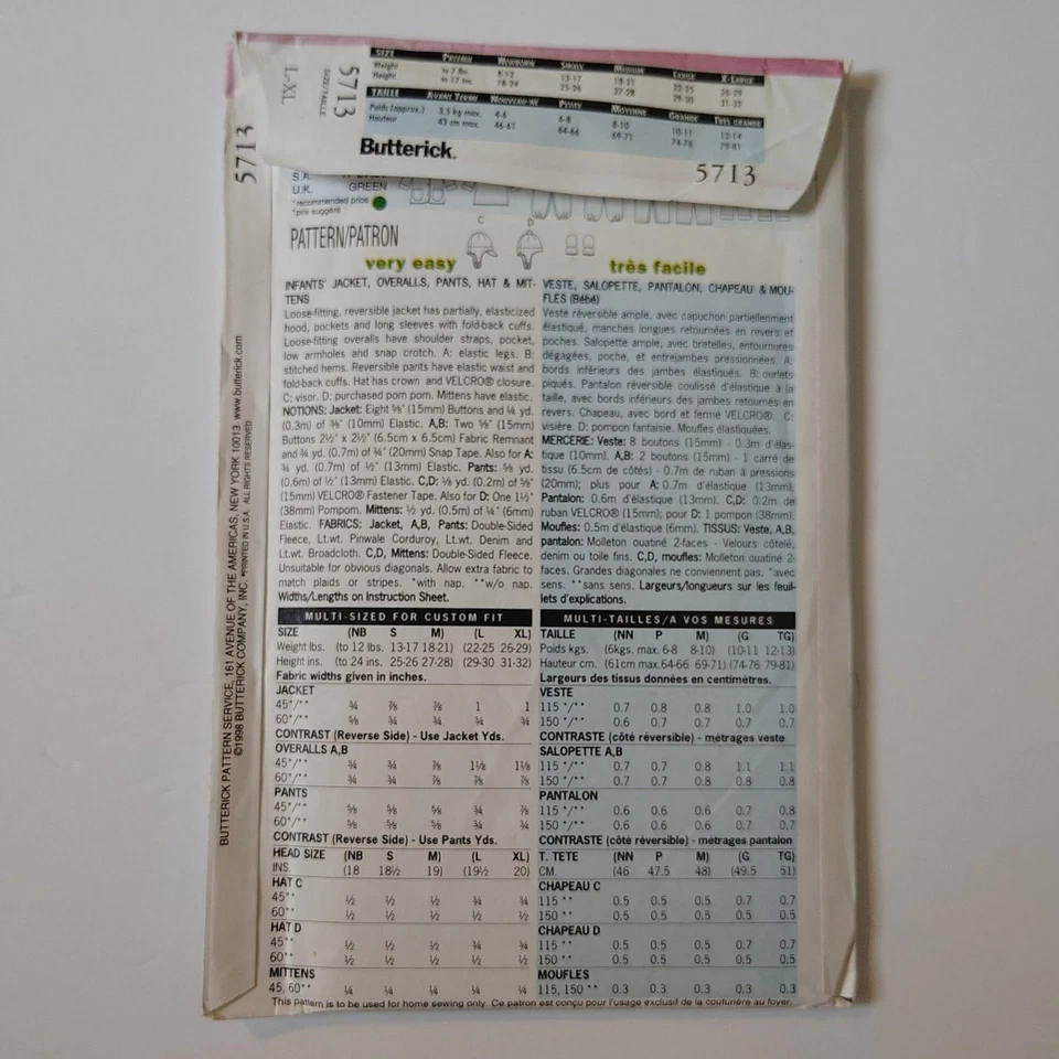 UNCUT Vtg Infant Baby Jacket Overall Pants Hat Sewing Pattern Butterick 5713 - Image 4 of 4