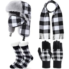 4 Pcs Winter Plaid Trapper Hat with Gloves Scarf Socks White and Black Plaid