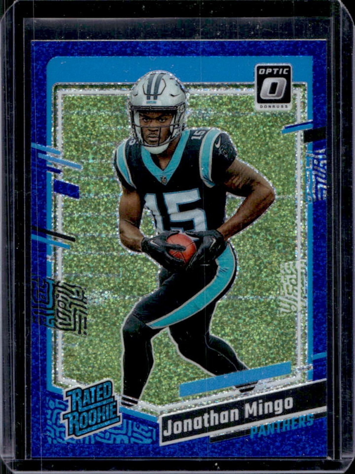 2023 Donruss Optic Jonathan Mingo Blue Glitter Prizm Rated Rookie #215 Panthers