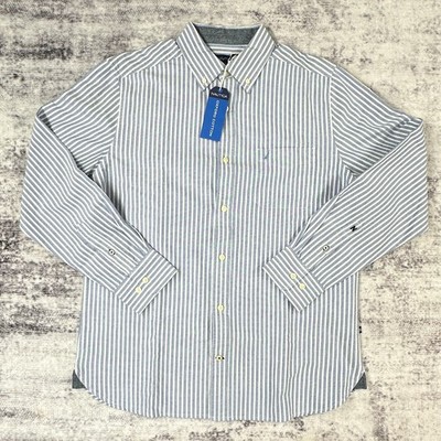 NWT Nautica Men's Oxford Cotton Shirt Medium Blue Stripe Button Down
