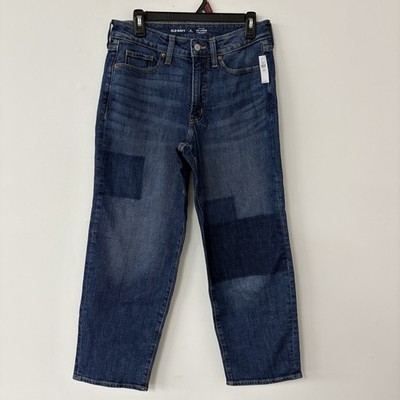 Old Navy Womens Sz 8 Petite OG Loose Straight Leg Patchwork Blue High Rise Denim
