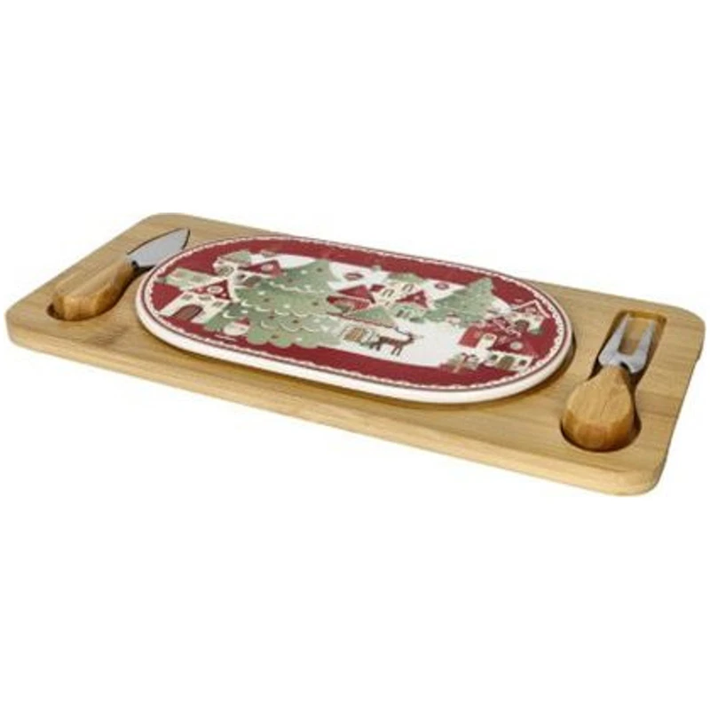 Tagliere Formaggi Natale Porcellana Bamboo 2 Coltelli BRANDANI Villaggio Festa