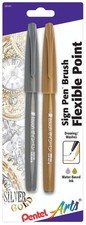 Pentel Arts Sign Pen Touch, Fude Brush Tip, 1 Count Pack of 1 , Gold/Silver