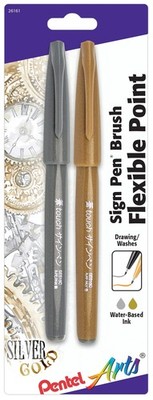 Pentel Arts Sign Pen Touch, Fude Brush Tip, 1 Count (Pack of 1), Gold/Silver 