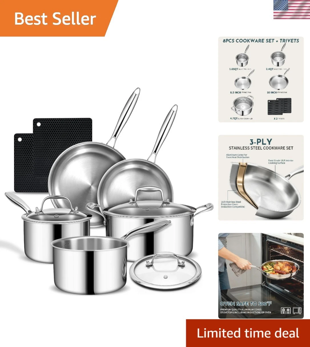 3 Ply Stainless Steel Cookware Set, 10-Pieces Pots and Pans Set, Induction Ki...
Opens in a new wind