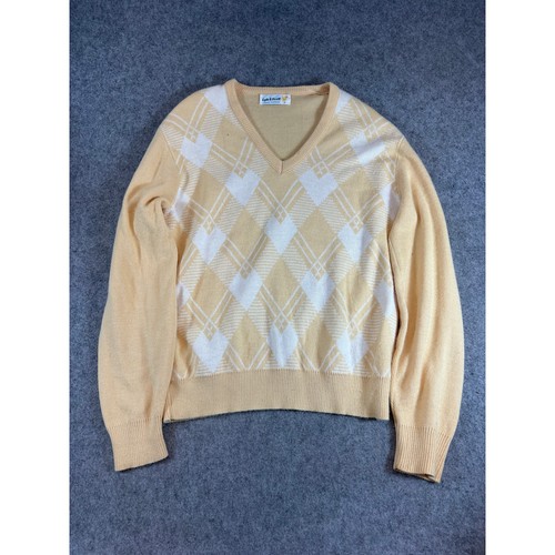 Lyle & Scott, VINTAGE 80s Lyle & Scott Sweater Women Yellow Argyle Knit Academia Preppy Medium