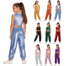 Kids Girls Dancewear Hip Hop Outfit Costume Set Pants Dance Daily Wear Metallic