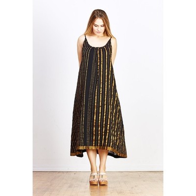 Aish Sultan Black & Gold Striped Slip Dress Maxi One Size OS Boho Luxury 