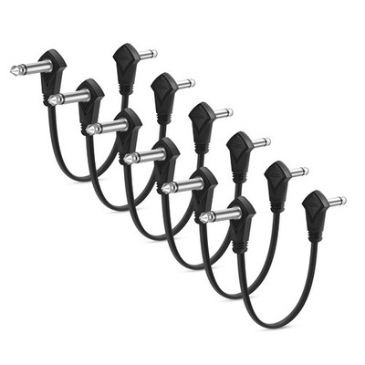 6 Pack 12 Inch Guitar Patch Cables Right Angle 1/4 TS Flat Pedal Effect Cord Bla