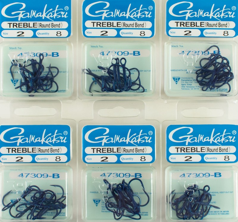 (LOT OF 6) GAMAKATSU TREBLE ROUND BEND BLUE HOOK SIZE 2 #47309-B D5201