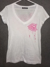 Metal Mulisha Womens Graphic Tee Pink Angel Wings Heart Y2K Tattoo Style Medium