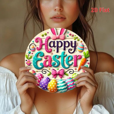 Tin Metal Signs Home Décor, ''Happy Easter'' Round Wall Art with Colorful Eggs & B