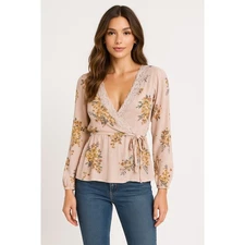 Maurices Top Women L Pink Floral Lace Trim Gauzy Boho Peasant Faux Wrap Romantic