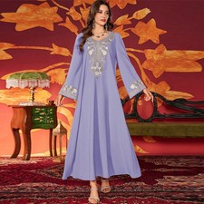 Elegant Women Abaya Muslim Embroidery Long Sleeve Maxi Dress Kaftan Dubai Turkey
