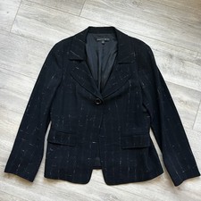 Lafayette 148 Size 14 Wool/Silk Black Textured Abstract Plaid Blazer Officecore