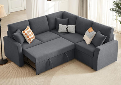 Grey Linen Reversible L-Shaped Sofa Bed with Storage, 85'' Sectional Couch