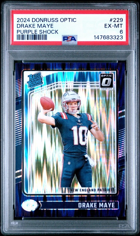 3323 Drake Maye 2024 Panini Donruss Optic #229 Purple Shock Rated Rookie PSA 6