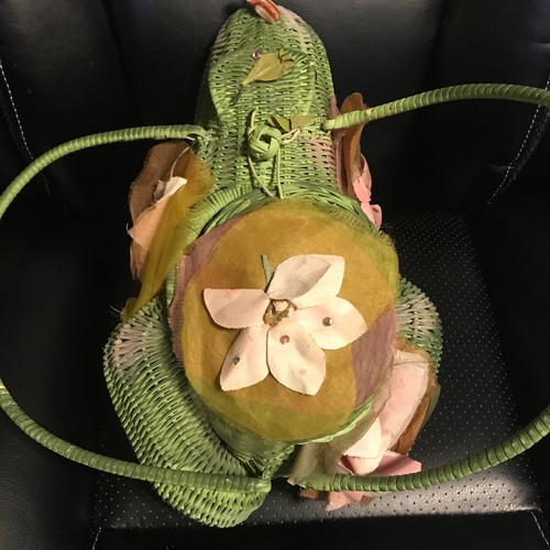 Weide grün Frosch Handtasche Margie Webb 1960er Korb mit Deckel Silber Augen Floral 14" - Bild 4 von 18