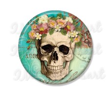 Sugar Skull Floral Headpiece Gothic - Handpressed Magnet or Pinback 2.25"