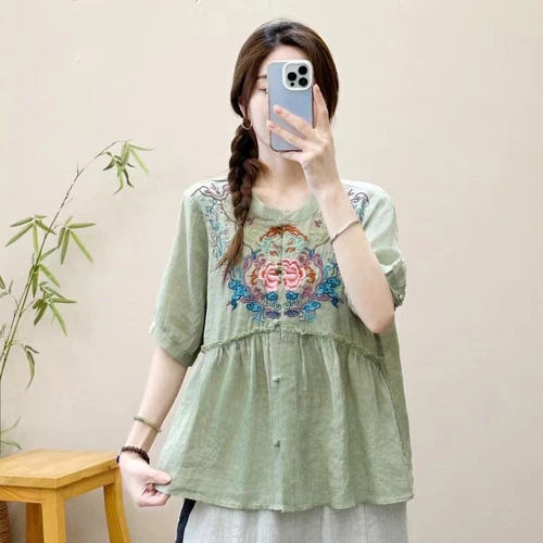 Camicia retrò sciolta etnica cotone lino ricamato top cardigan estivo cinese - Foto 17 di 29