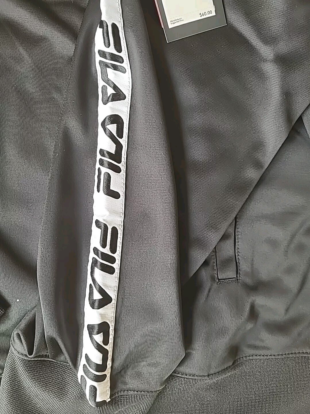 Giacca nera retrò da uomo Fila nastro bianco a righe manica con logo SM831821 taglia L nuova con etichette