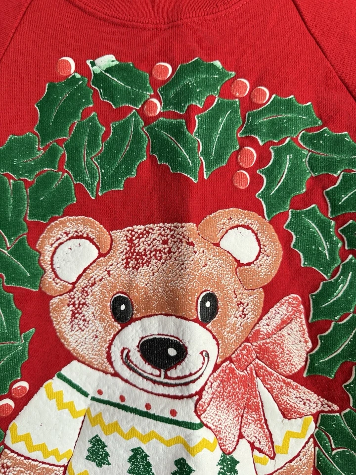 Sudadera de Colección Unisex Niños Oso de Peluche Pintura Hinchada Acebo Roja Años 80 90 Hecha en EE. UU. Foto 3 de 4