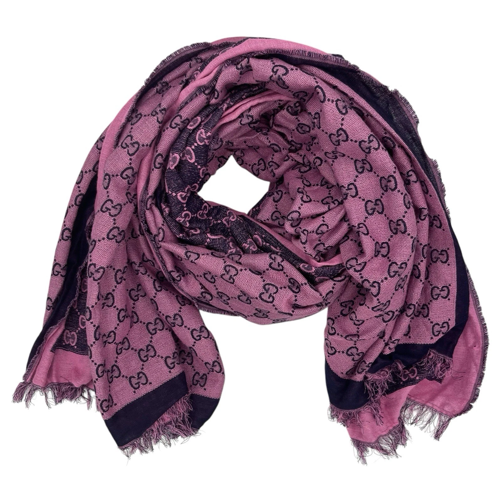 Foulard à franges en laine jacquard GG rose et violet Gucci
