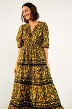 Farm Rio Star Fruits Maxi Dress Yellow Black Cotton Puff Sleeve Size M