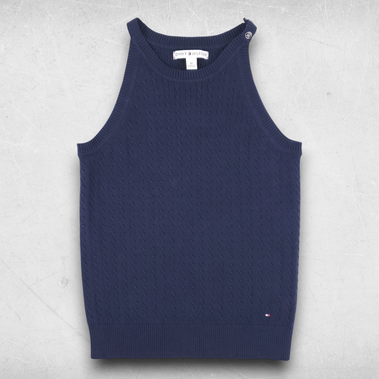 Tommy Hilfiger Halter Sweater Cable Knit Snap Shoulder Women M Navy Vintage 2005