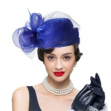 Woman Sinamay Fascinator Hat Pillbox Derby Hats Linen Feather Medium Royalblue