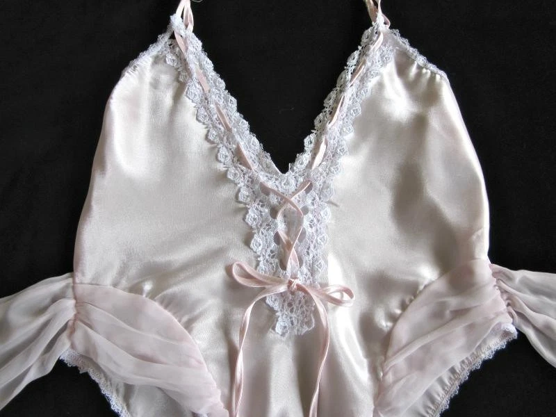 Vintage Slinky Pink Satin Teddy M White Lace Chiffon Sash Lady Cameo of Dallas - Image 3 of 4