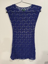 Lauren Ralph Lauren Crochet Midi Dress Women's Large Royal Blue Sleeveless Sheer