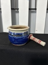 Handmade Studio Art Pottery Ceramic Mortar & Pestle Signed Beautiful cobalt Blue