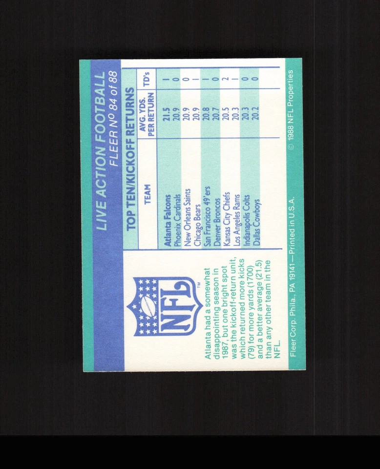 1988 Fleer Team Action #84 Kickoff Returns Atlanta Falcons Football Card - Image 2 of 2