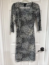 BCBG Paris Women's MED 3/4 Sleeve Midi Dress Gray Multi Abstract Floral EUC
