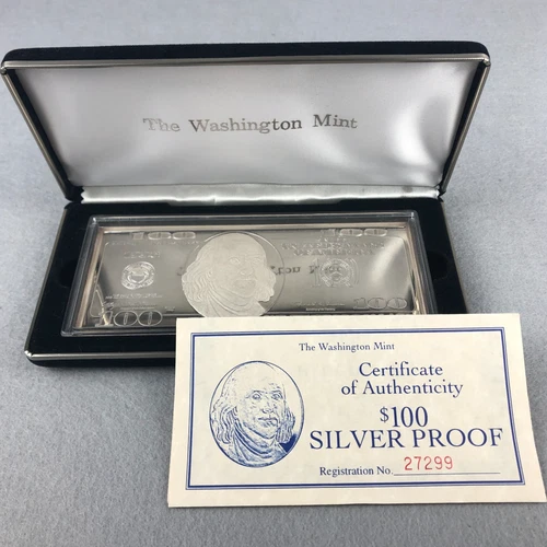 Benjamin Franklin $100 Silver .999 BU Washington Mint Proof bar 1998 Qtr lb 4oz