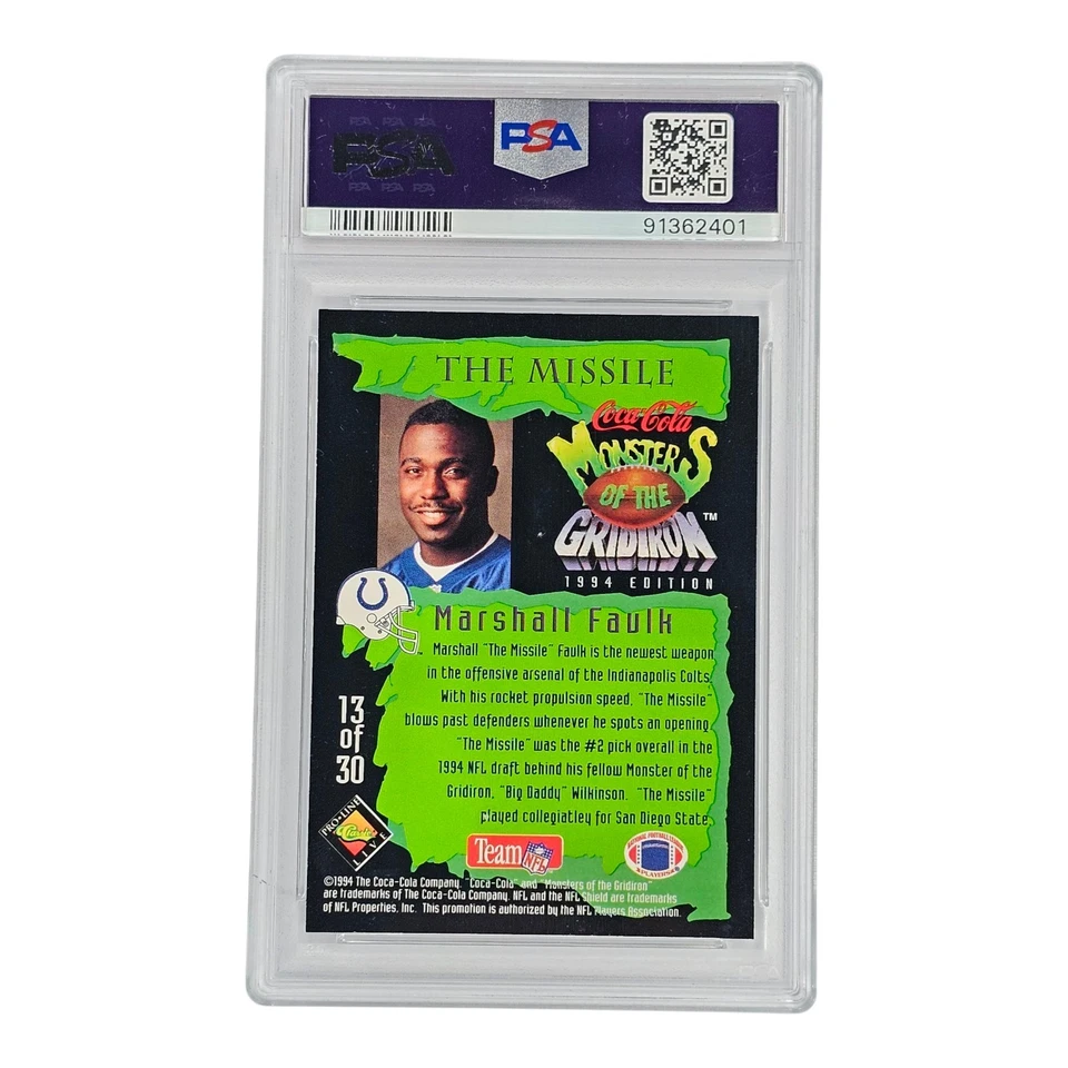 1994 Coke Monsters of Gridiron Gold Marshall Faulk #13 - PSA 8 - Image 2 of 2