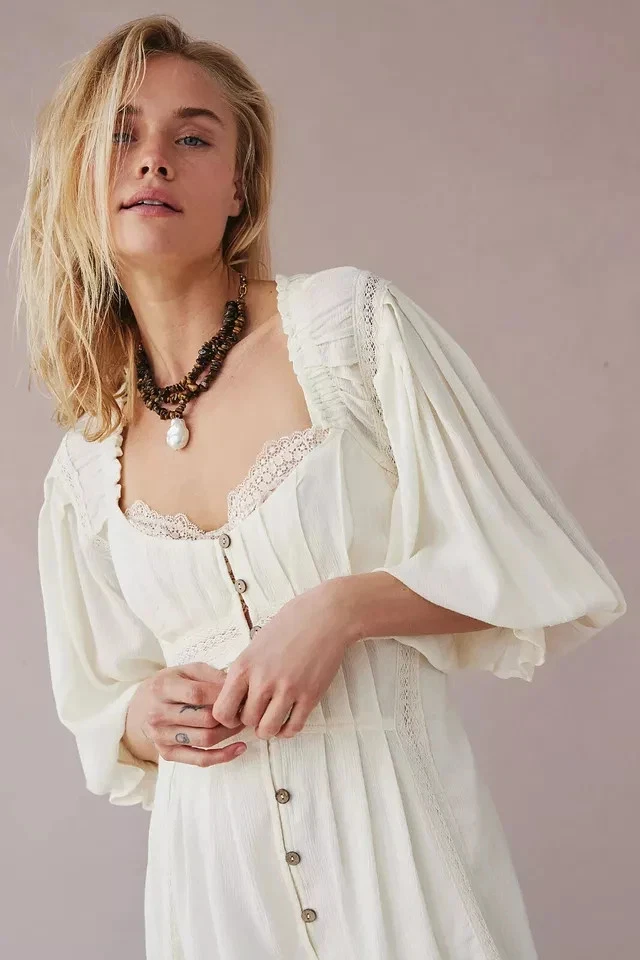 Maxi Vestido Free People Magdalia Garceta Botón Crochet Encaje Cuello Corazón XS Foto 3 de 3