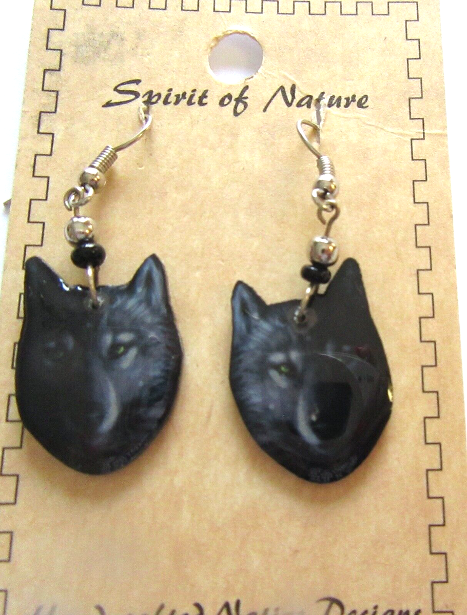 Spirit of Nature Earrings WOLF FACE acrylic- gray black- french