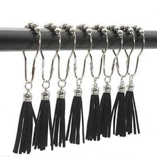 Tassel Roller Glide Shower Curtain Hooks Shower Curtain Rings Decor 12 ea BLACK